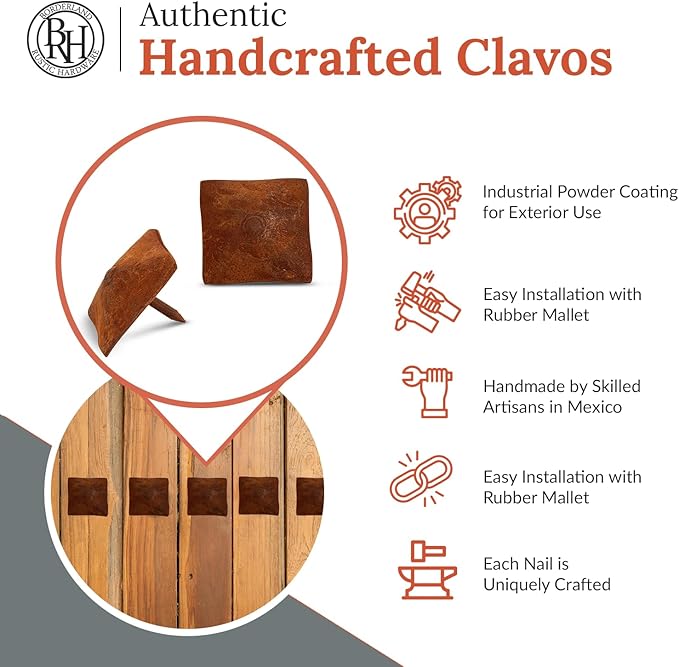 25 Pack 1.25" Square Head Iron Clavos Decorative Nails – Rusted – Handmade Rustic Square Fasteners for Farmhouse Shutters, Faux Wood Beams, Barn Doors, Shutters, and Gates – Ornamental Wood Accent