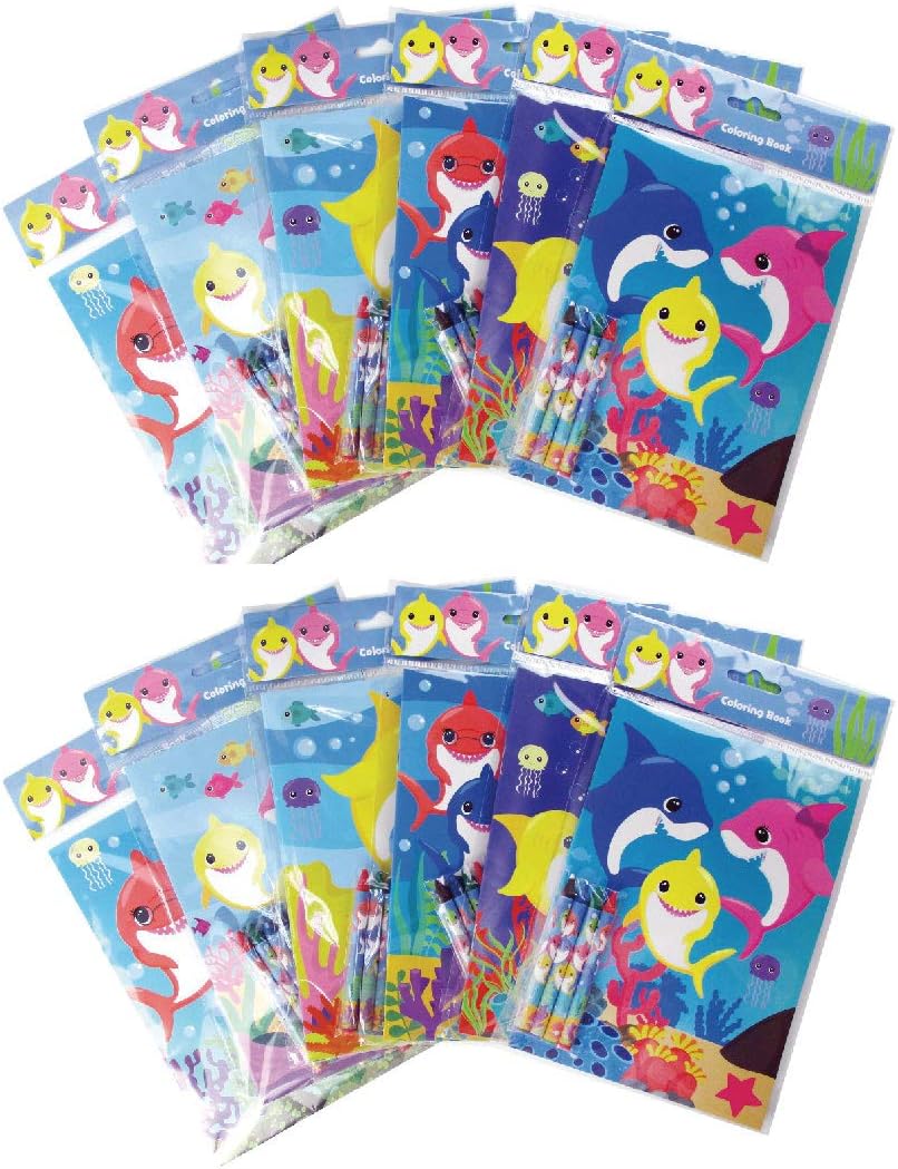 TINYMILLS Shark Birthday Party Favors Set for Kids, 108 Piece Shark Party Supplies with 12 Goodie Bags, 24 Stampers, 12 Sticker Sheets, 12 Coloring Books and 48 Crayons, Shark Party Favor Pack
