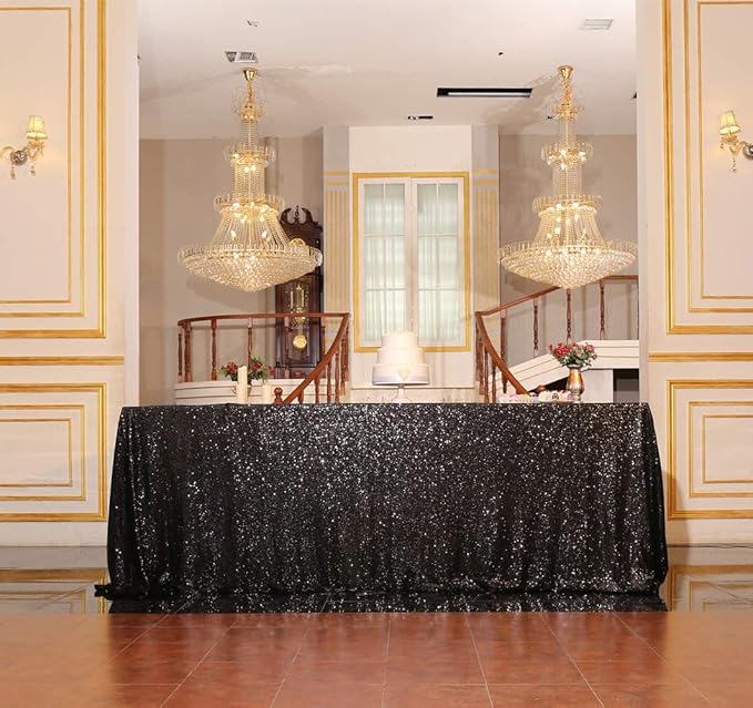 SquarePie Sequin Tablecloth 60 x 102 Inch Black Sparkly Table Cloth for Halloween Wedding Party