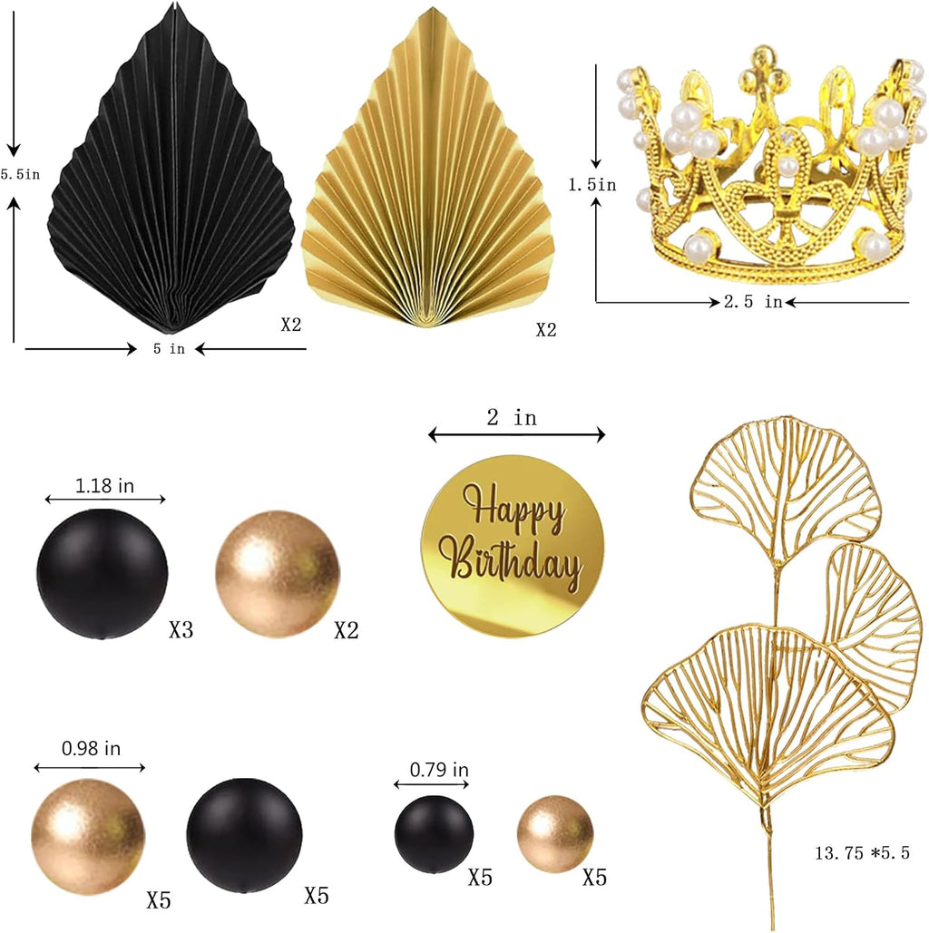 Balls Cake Toppers Crown Tiara Cake Topper Happy Birthday Cake Decorations for Birthday Boho Wedding Baby Shower Party Decorations (Black Gold)