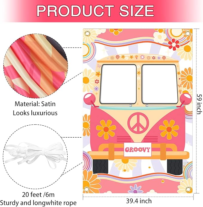 Hippie Photo Booth Props, Hippie Bus Prop Groovy Bus Photo Booth for 60'S 70'S Party, Hippie Party Decorations, Daisy Bus Photo Prop Two Groovy Birthday Decor, Groovy Photo Booth Frame - 59 × 39.4 in