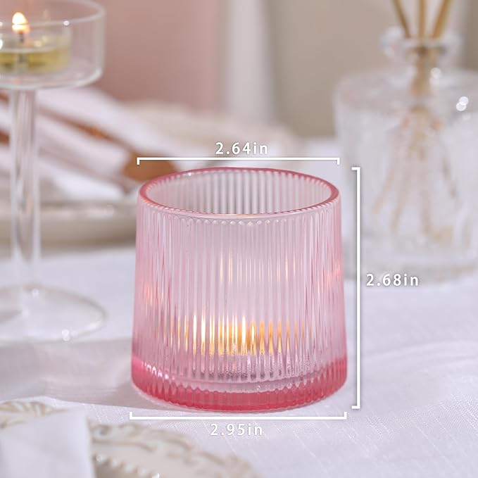 Pink Ribbed Tealight Votive Candle Holders Set of 10- Votive Candle Holders for Table Centerpiece, Tea Light Candle Holder Glass for Wedding and Home Decor, Blue Decor and Gifts