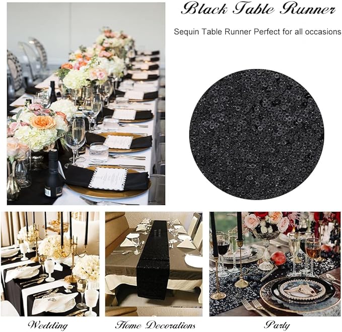 SoarDream Black Table Runner 10 Packs 12x72 Inches Sequin Metallic Fabric Glitter Table Runner for Party Birthday Holiday Event Supplies Decorations