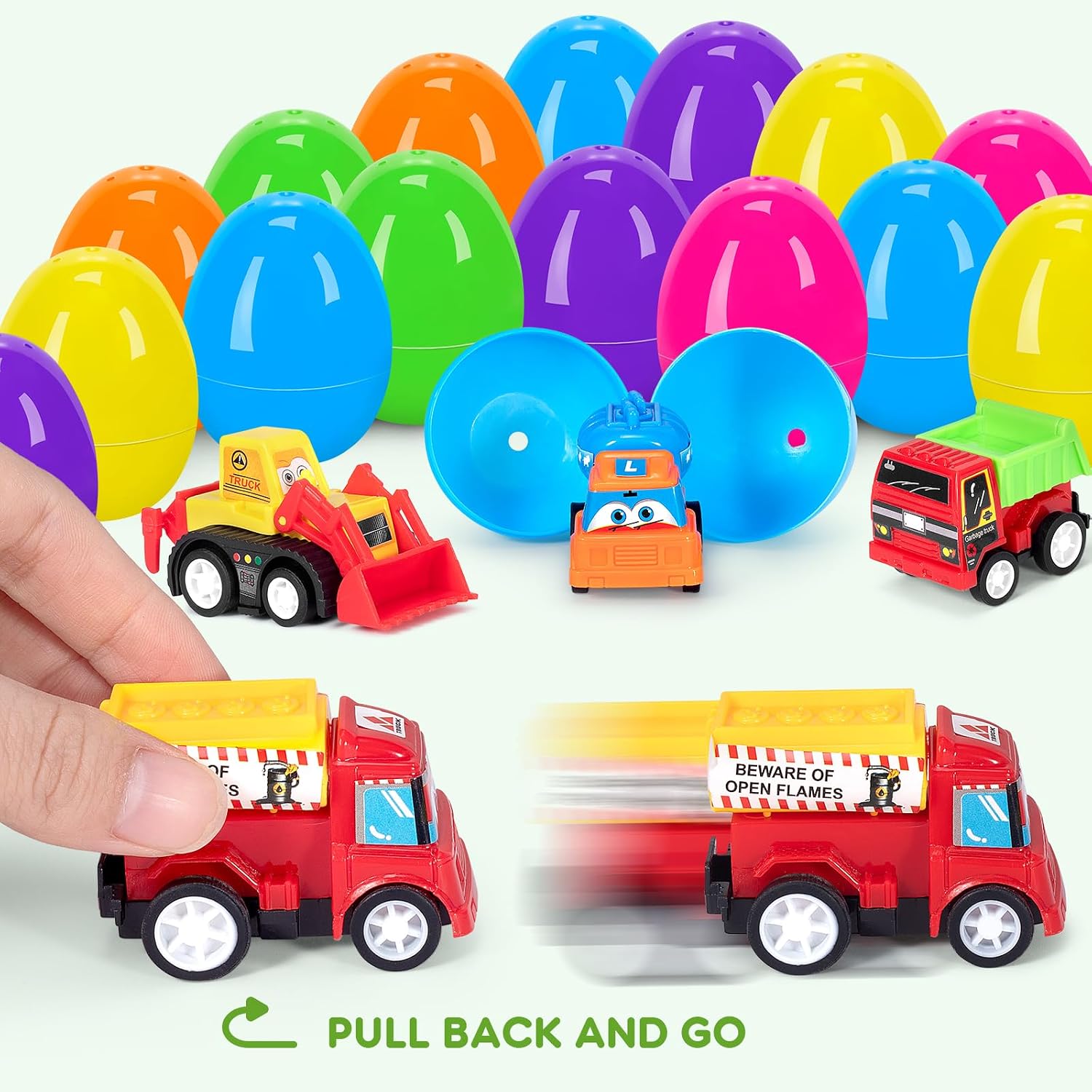 SUGFUT 24 PCS Prefilled Easter Eggs with Toys Pull Back Cars Easter Basket Stuffers for Toddler Gifts for Kids - Easter Party Favors