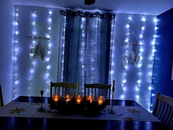 300LED Fairy Curtain Lights, 9.8x9.8Ft Warm White USB Plug in 8 Modes & Timer Christmas String Hanging Lights with Remote for Bedroom Indoor Outdoor Weddings Party Wall Decorations(White)