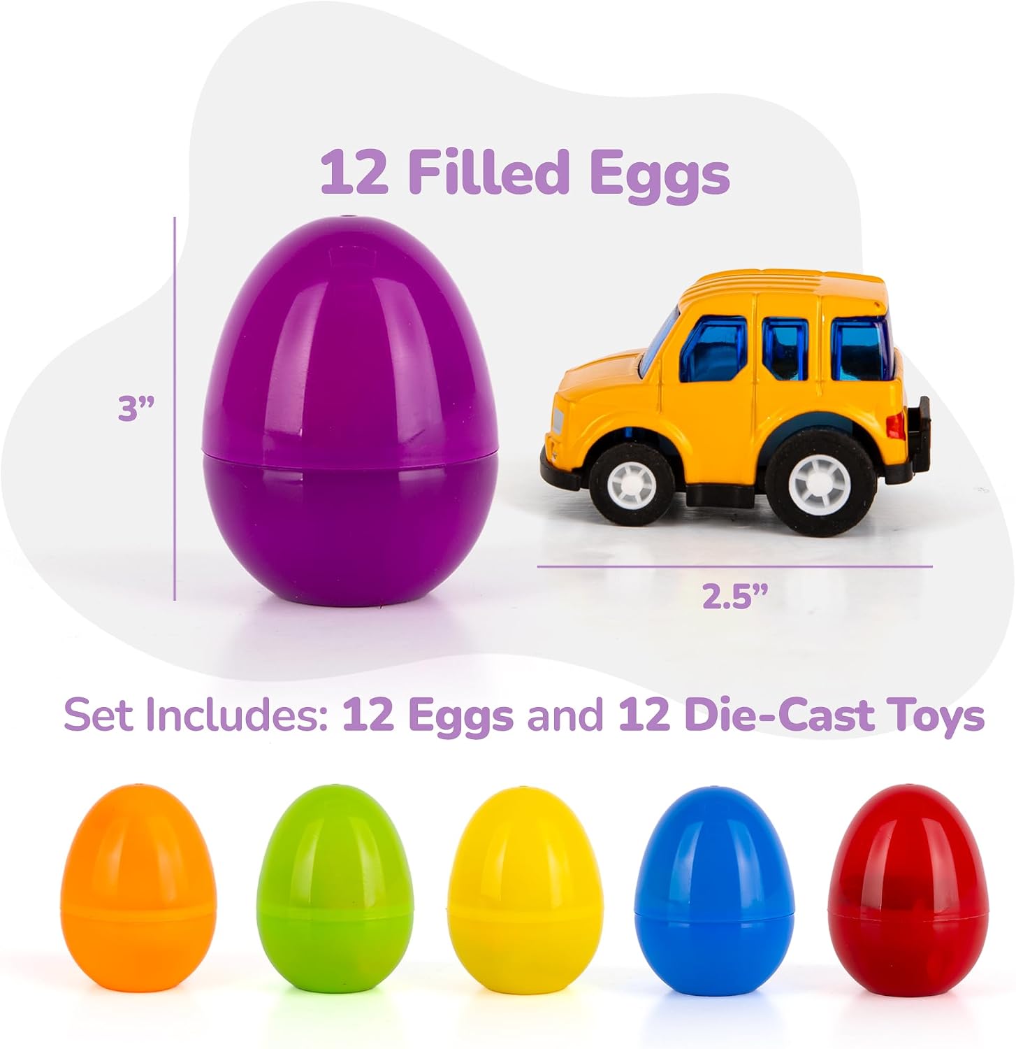 ArtCreativity Pre-Filled Easter Eggs with Diecast Vehicles for Hunt - 12 Emergency & Community Vehicles, Fire Trucks, Ambulances with Pull-Back Function - Easter Basket Stuffers