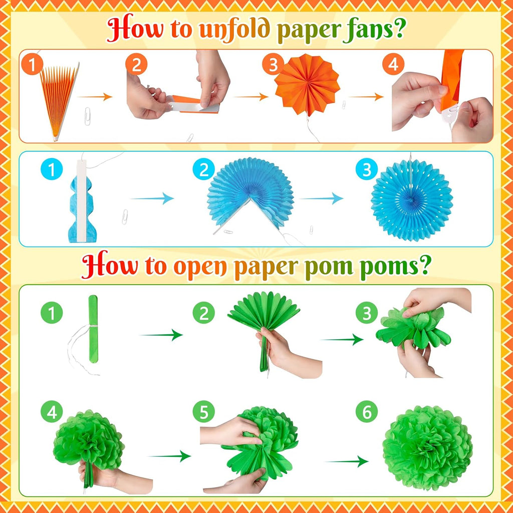 35PCS Fiesta Paper Fan Party Decorations Set | Cinco De Mayo Pom Poms, Pre-assembled Pennant, Garland String & Banner, Hanging Swirls, Hispanic Heritage Month Decor