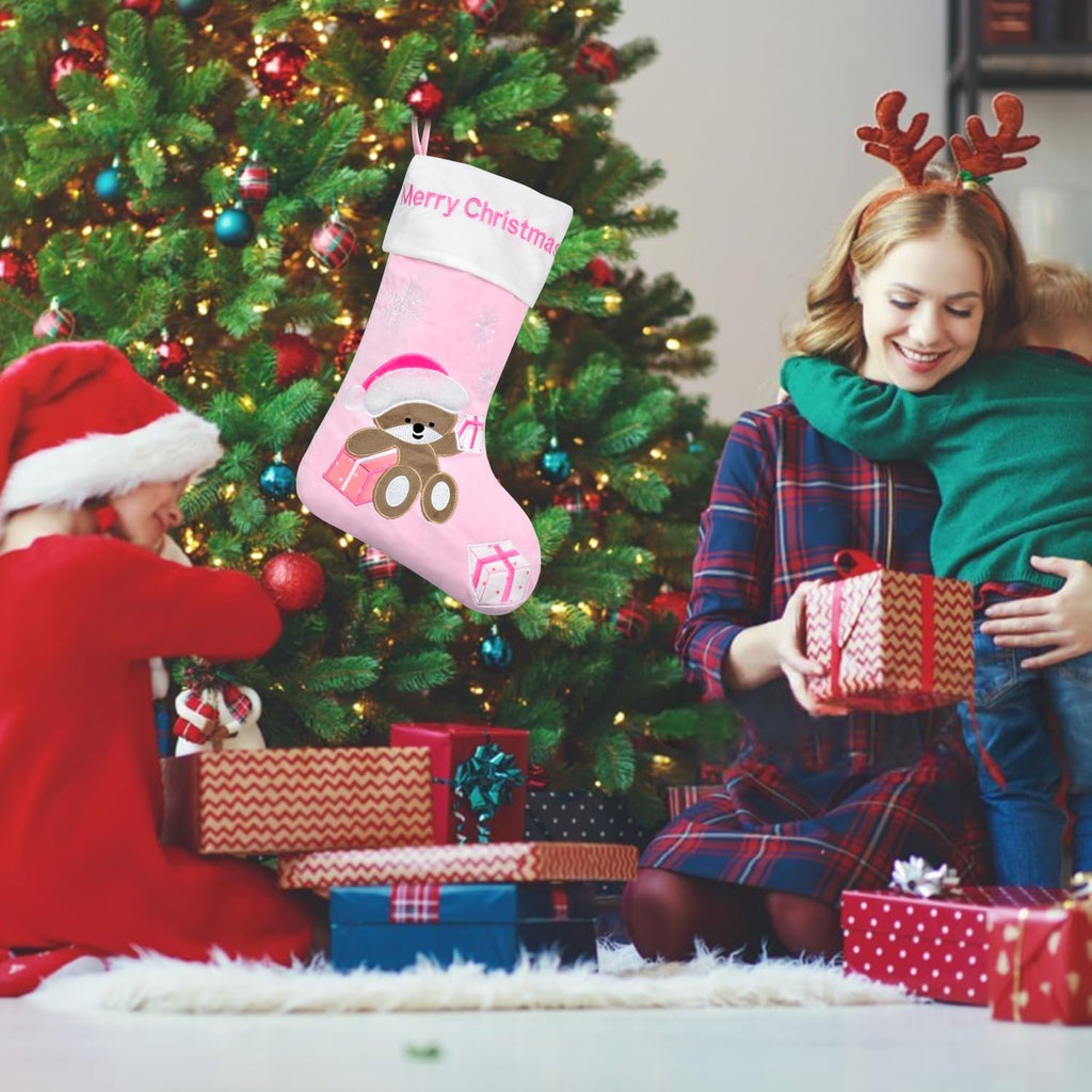 Christmas Stocking Baby First Christmas Stockings 20 Inch Pink Blue Kids Christmas Stockings with Bear Embroidered Children Christmas Stocking with Gift Box for Boys Girls Large Xmas Stocking