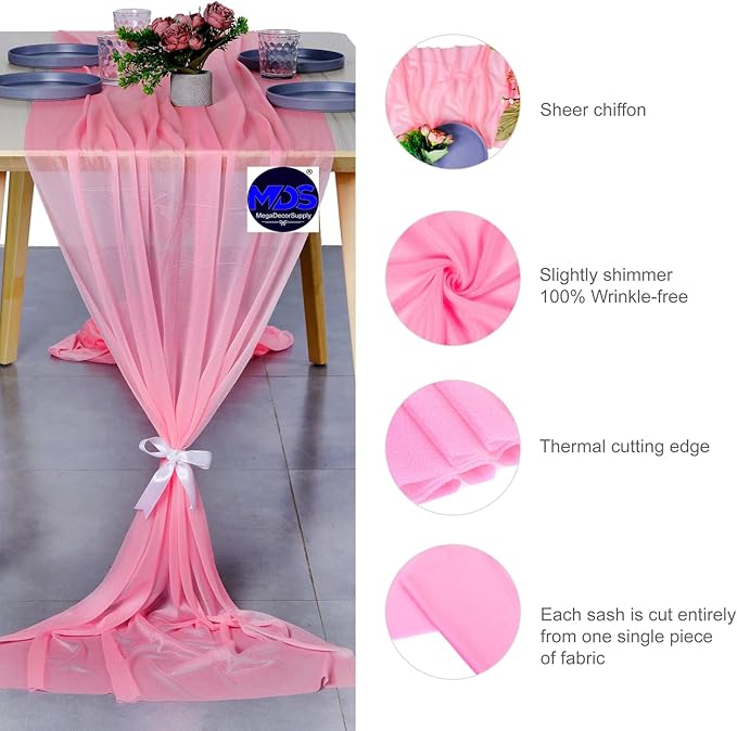 MDS 15 Pack 10ft Chiffon Table Runner 29 x 120 Inches Sheer Wedding Runner Romantic Rustic Table Runner for Wedding Decorations, Birthday Parties, Bridal Shower Party Arch Decor - Coral