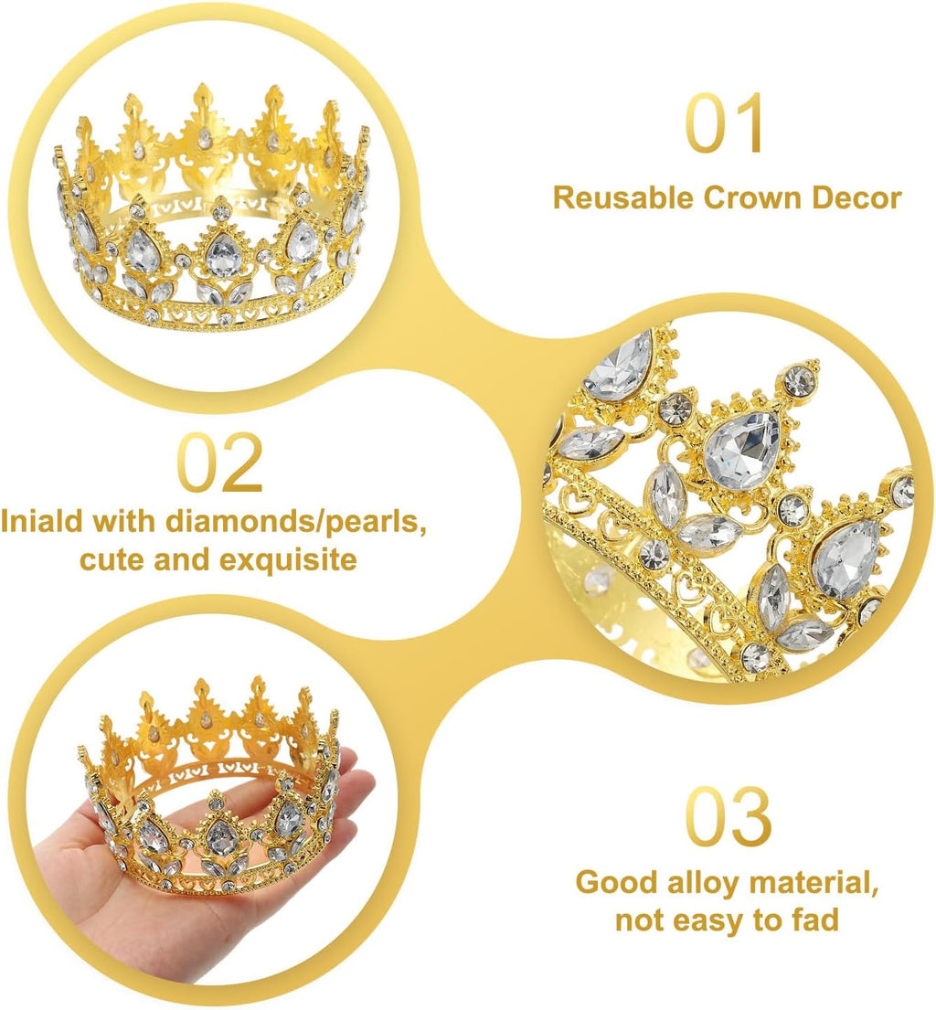 uxcell Mini Crown Cake Toppers, Alloy Queen Princess Little Crown Tiara Cupcake Heart Shaped with Crystal for Birthday Cake Decor Wedding Party, White Gold/White
