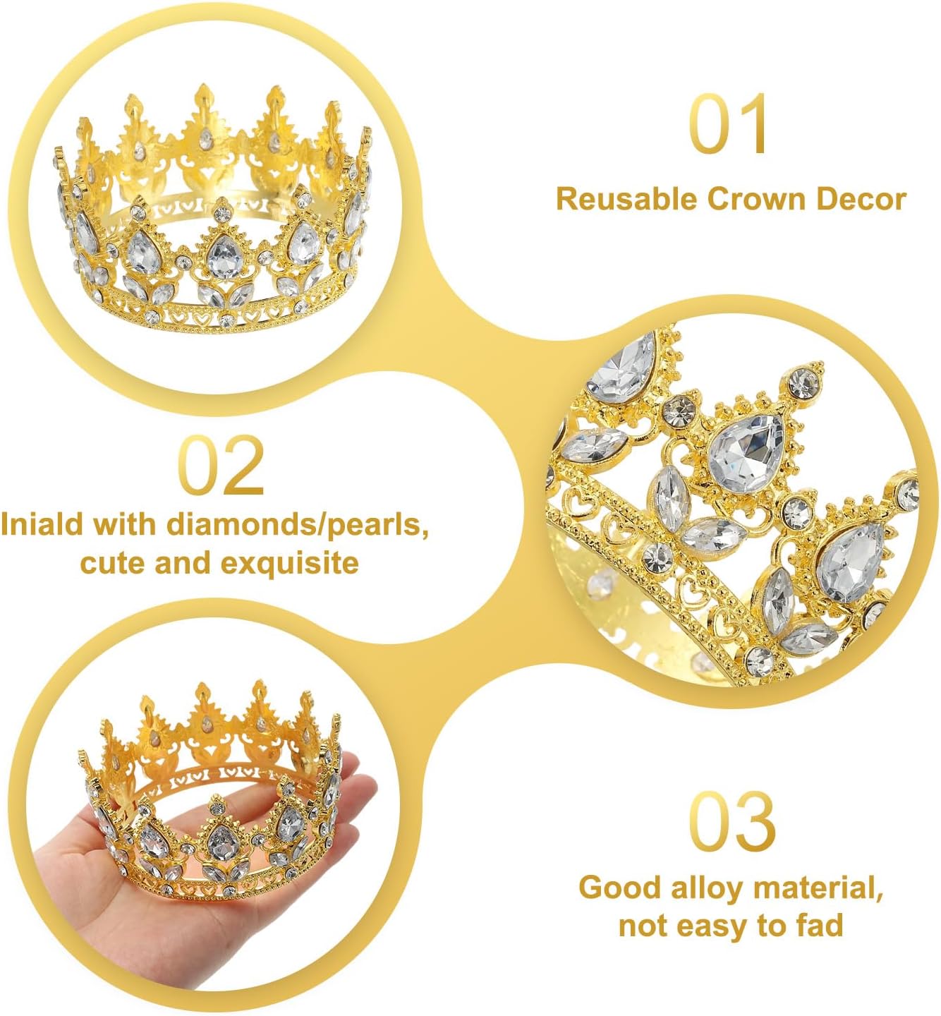 uxcell Mini Crown Cake Toppers, Alloy Queen Princess Little Crown Tiara Cupcake Heart Shaped with Crystal for Birthday Cake Decor Wedding Party, White Gold/White