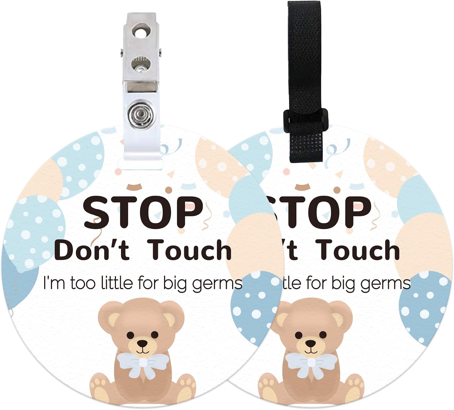 ORIGACH 2 Pack Bear No Touching Baby Signs, Stop Do Not Touch Baby Car Seat Sign Stroller Tags with Hanging Strap and Clip, No Touching Baby Sign for Newborn Baby Boy Girl