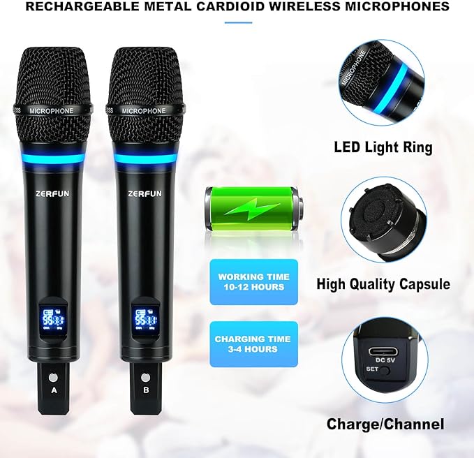 4 Channel Rechargeable Wireless Microphone System, Pro UHF Metal Handheld Headset Lavalier Lapel Cordless Mics for Karaoke Singing Church with VOL Control, 4x50 Adjustable Frequency(G8)