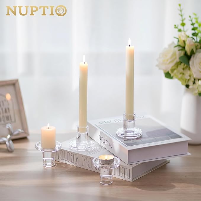 NUPTIO Candle Stick Candle Holder: Set of 20 Short Taper Candlestick Holders Bulk Small Modern Glass Tapered Candleholders for Wedding Christmas Holiday Centerpiece
