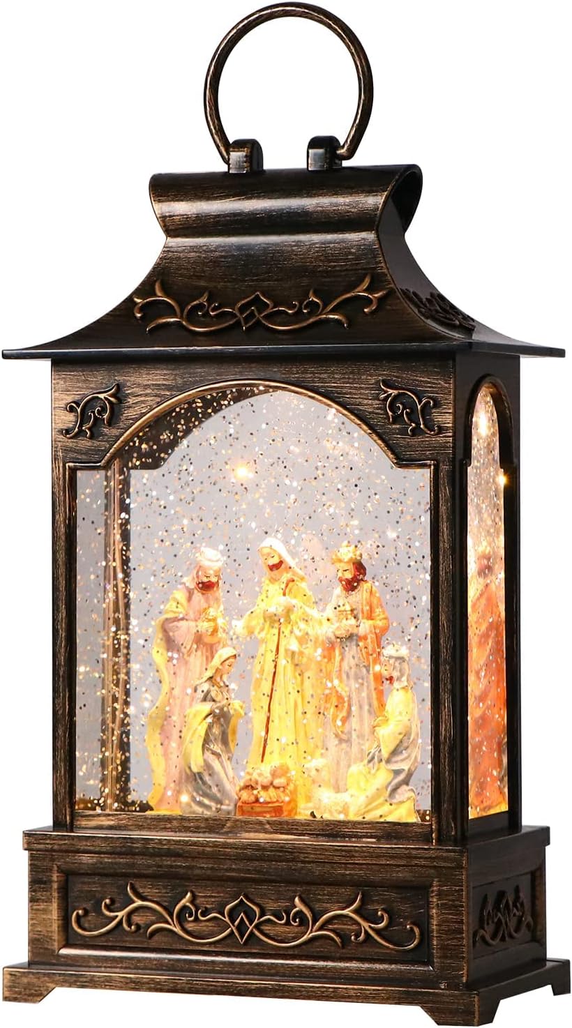 Christmas Snow Globes Musical Lantern Snow Globe Nativity Scene Water Snow Globe Glittering Portable Hanging Tabletop Decorative Lantern Christmas Home Décor and Gift