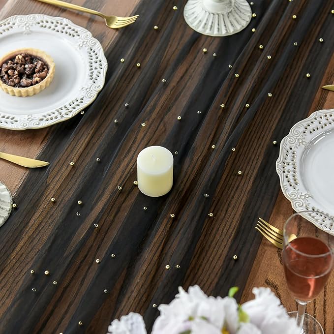 Artoid Mode Pearl Black Gauze Table Runner 59x120 Inch , Seasonal Sheer Kitchen Dining Holiday Wedding Birthday Baby Shower Table Decor for Home Party