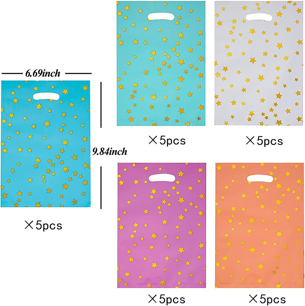 25 Party Favor Bags for Kids Birthdays, Goodie Candy Bags in 5 Colors with Star Pattern