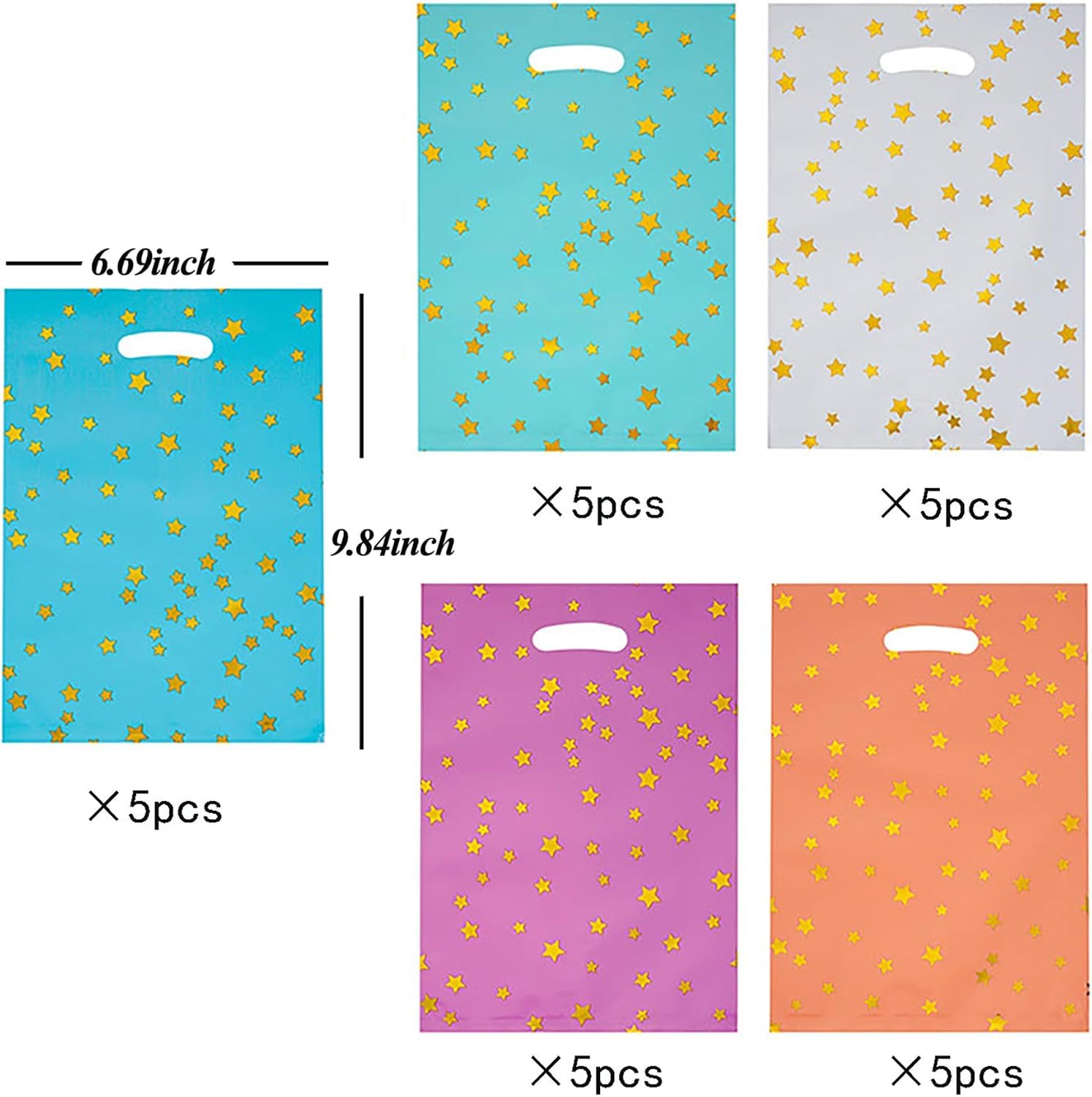 25 Party Favor Bags for Kids Birthdays, Goodie Candy Bags in 5 Colors with Star Pattern