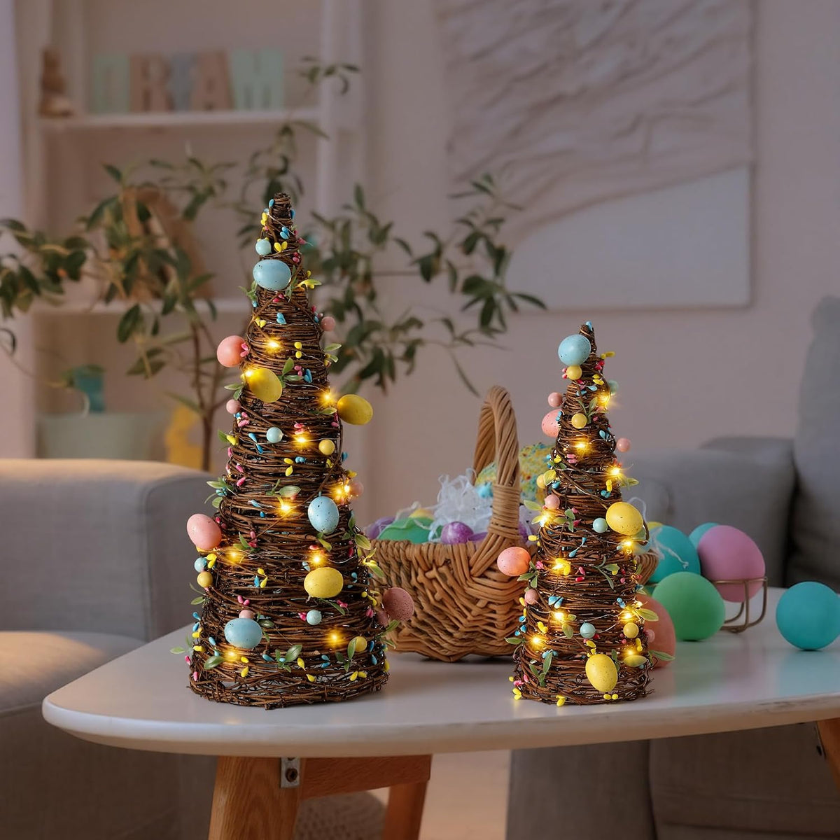 soulchen 2 pcs easter rattan cone tree decoration, side view