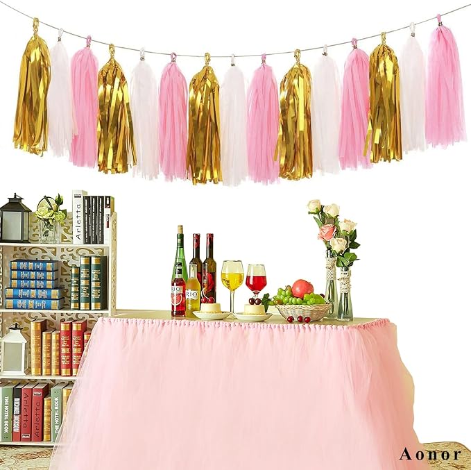 Paper Tassel Garland Banner - Tissue Paper Tassels for Bridal Shower, Wedding, Baby Shower, Birthday Decorations (Metallic Gold+Pink+White), 15 PCS