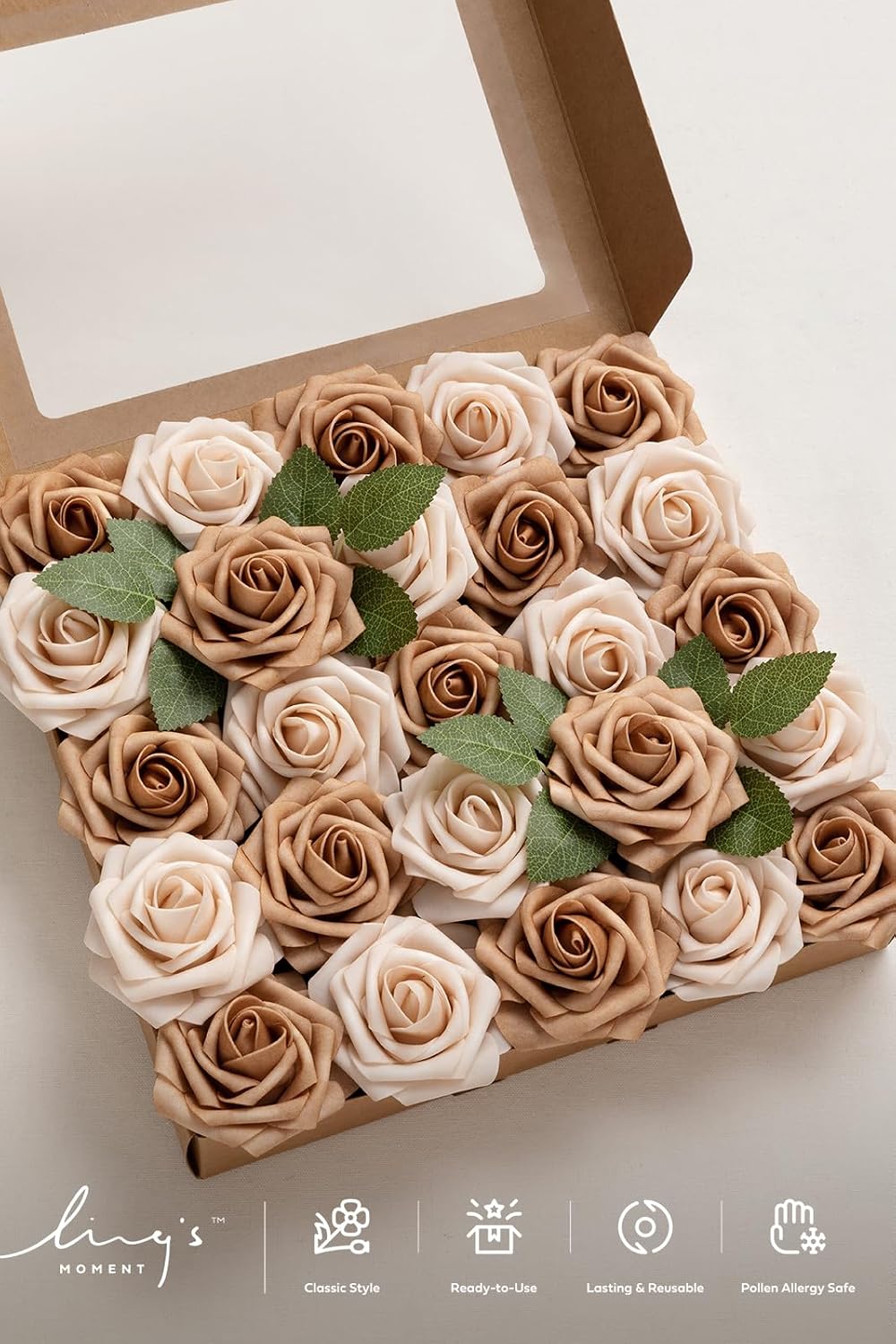 Ling's moment Artificial Flowers 50Pcs Ivory Roses Decor w/Stems,3" DIY Foam Floral for Wedding Bouquet/Centerpieces, Outdoors Party Backdrop, Room/Table, and Garden/Pot Decorations