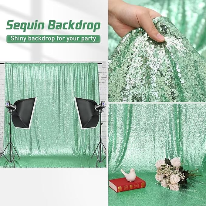Eternal Beauty Mint Green Sequin Backdrop, 8x10 Ft Glitter Background Curtains for Shimmer Photography Party Wedding Birthday Back Drop Decor