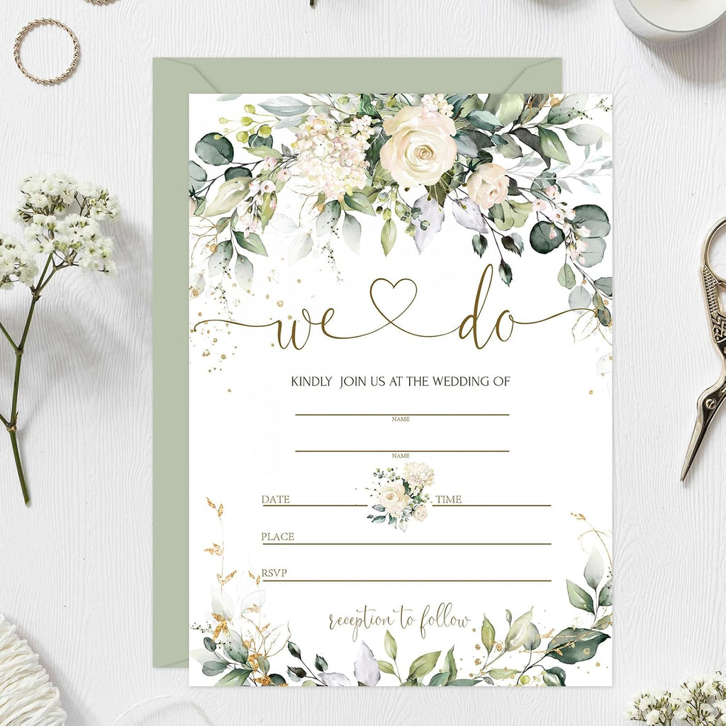 Whaline 25 Sets Greenery Floral Wedding Invitation with Envelopes Stickers Eucalyptus Leaves Fill in Blank Invites Cards for Bridal Shower, 5 x 7 Inch