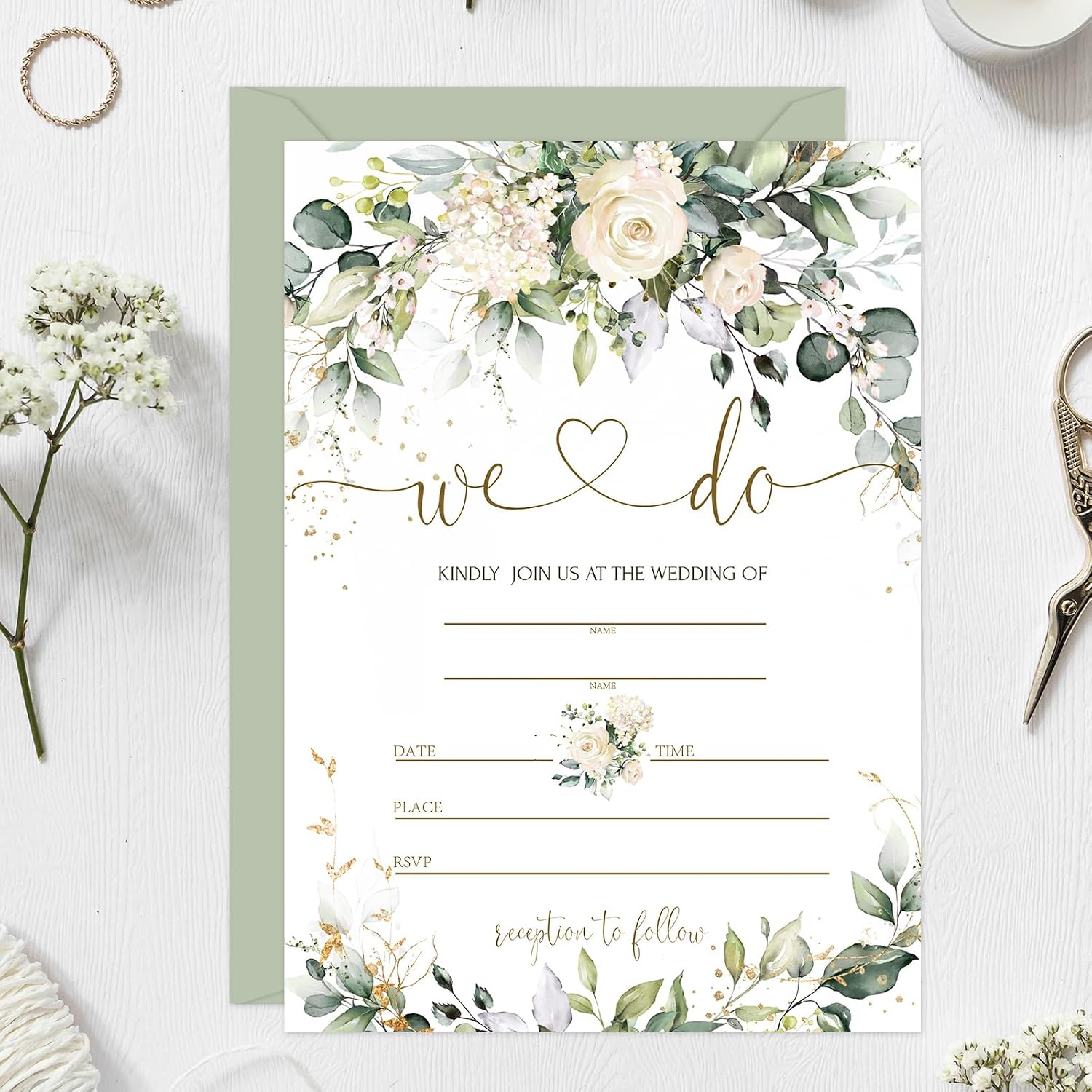 Whaline 25 Sets Greenery Floral Wedding Invitation with Envelopes Stickers Eucalyptus Leaves Fill in Blank Invites Cards for Bridal Shower, 5 x 7 Inch