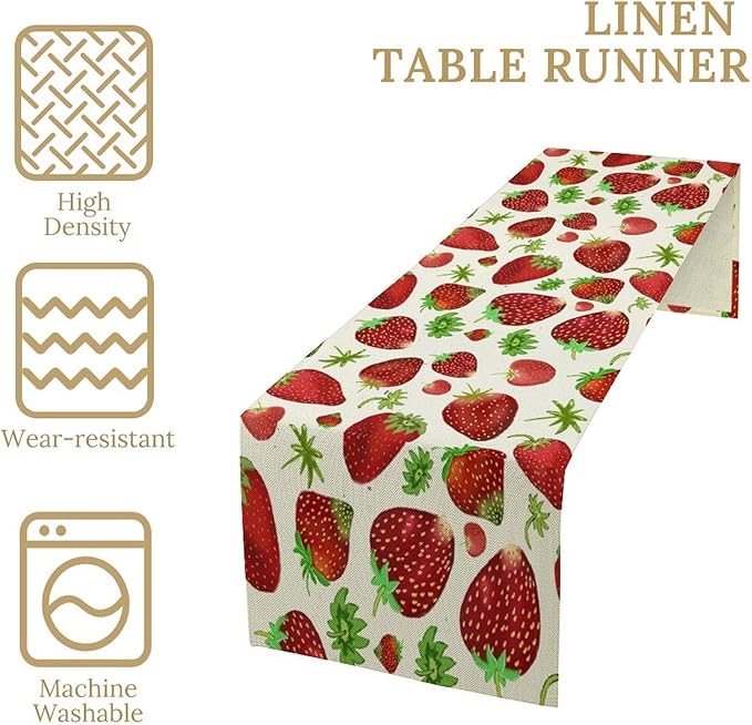Strawberry Table Runner Spring Summer Fruit Wild Berry Forest Garden Dinner Runner for Girl Baby Shower Party Holiday Home Kitchen Dining Table Decor 13x120