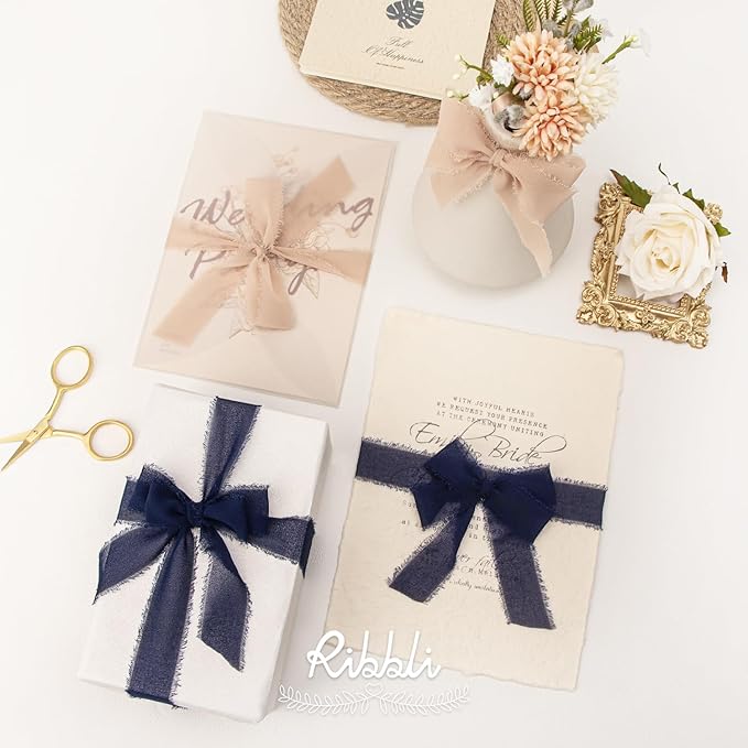 Ribbli Beige Ribbon 1 Inch x 3 Rolls Total 24 Yards Natural Handmade Fringe Chiffon Silk Ribbon for Wrapping Wedding Invitations Bridal Bouquets DIY Crafts Home Decor