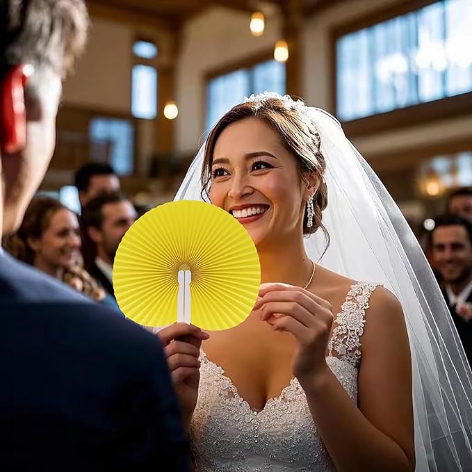 12 Packs Decorative Paper Folding Hand Fans Handheld,Yellow Round Foldable Wedding Fans Chinese and Japanese Fans Bulk for Bridal Guest Church Party Favors Dancing Birthday DIY