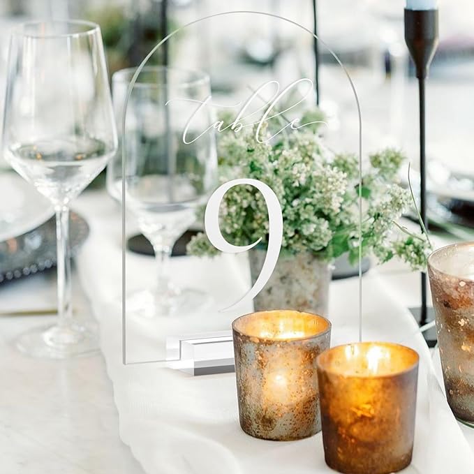 JINMURY Clear Arch Table Numbers for Wedding, 5x7 Inch Arched Acrylic Table Numbers 1-15 with Stands, Clear Acrylic Arch Sign with Holder for Centerpiece, Reception, Wedding, Party, Event
