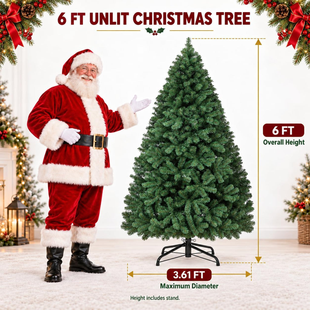 6ft artificial christmas tree, realistic full unlit holiday shown in use