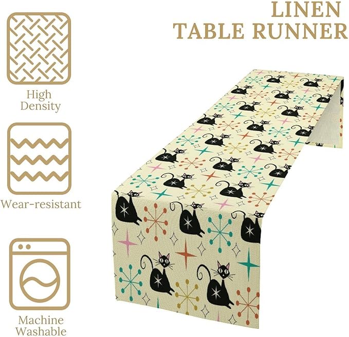 Mid Cat Table Runner, Vintage Black Cat and Atomic Stars 1950s 1960s Abstract Geometric Space Pattern Table Decoration for Home Kitchen Restaurant 13x108 Inches