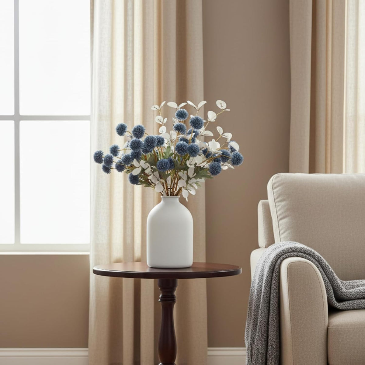 faux dusty blue flowers, 12 blue and white, package contents