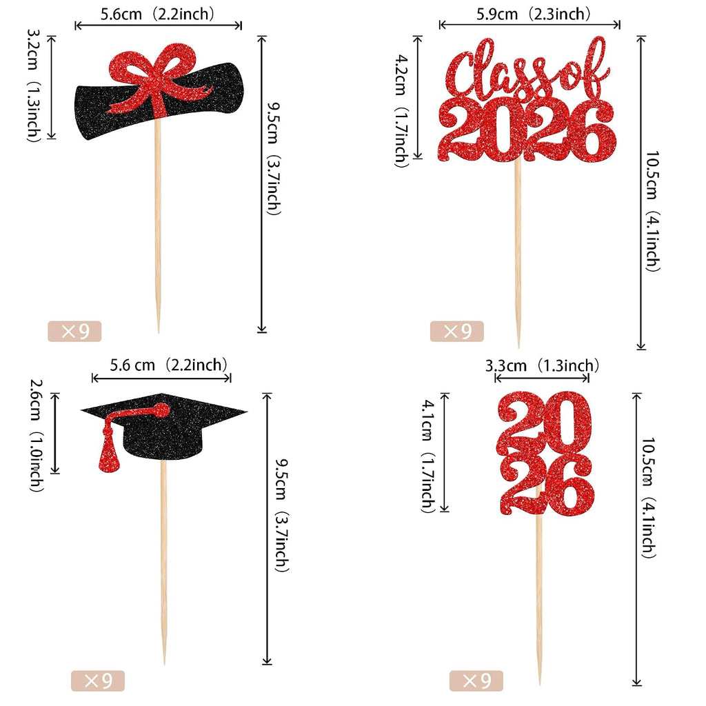36 PCS 2026 Graduation Theme Cupcake Toppers Glitter Class of 2026 Grad Cap Diploma Cupcake Picks 2026 Graduation Theme Party Cake Decorations Supplies Red