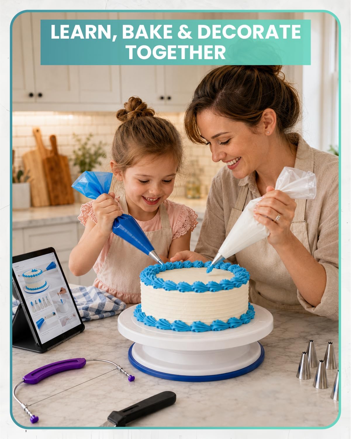 RFAQK 90PCs Cake Decorating Kit for Beginners, Baking Supplies Includes Cake Turntable, Cake Leveler, 24 Icing Piping Tips, 56 Piping Bags, 2 Couplers, Spatulas, Scrapers, Video Course and Booklet