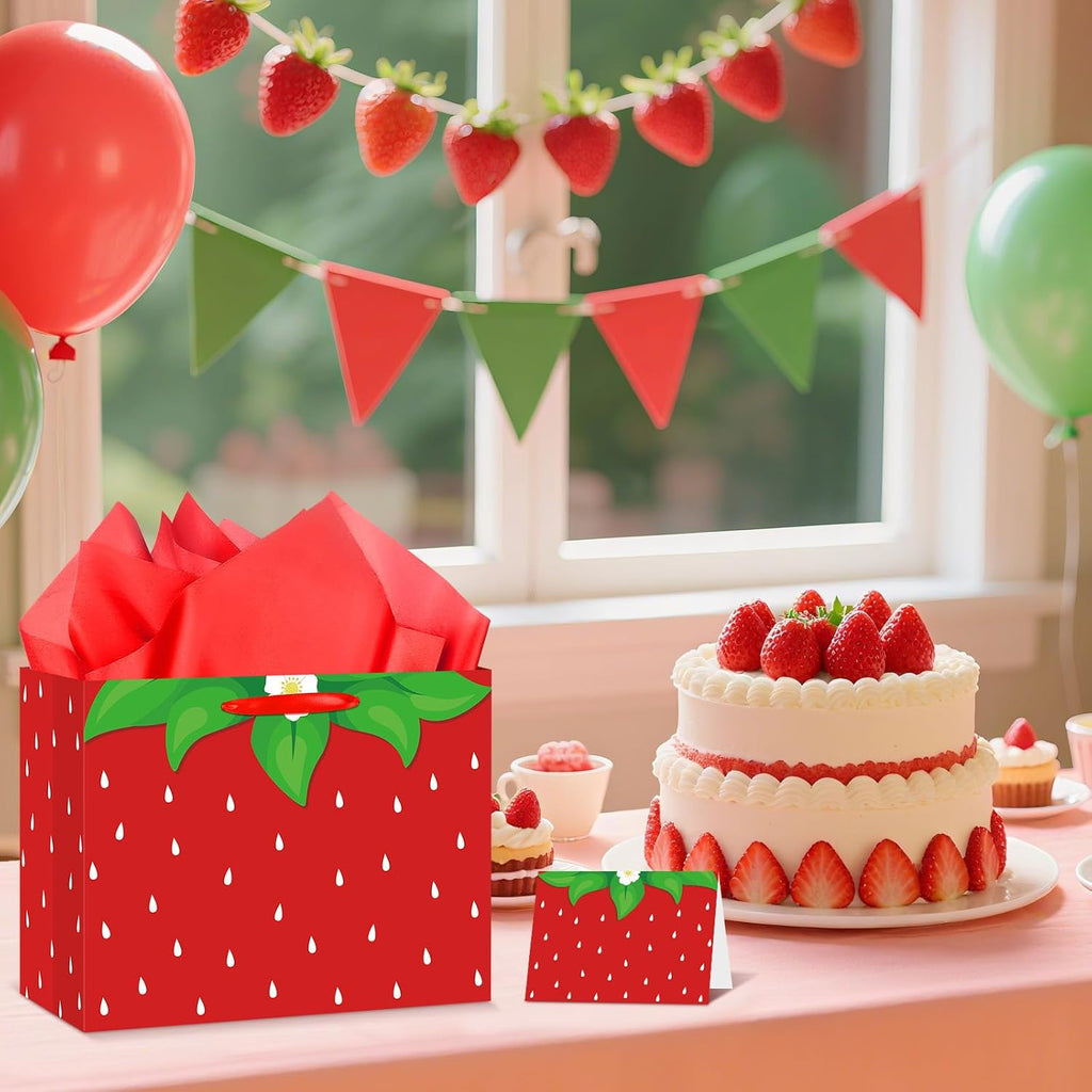 Yoirrat Strawberry Gift Bag Sweet Birthday Decorations Red Gift Wrapping Bag with Tissue Paper and Greeting Card for Strawberry Theme Baby Girl Baby Shower Birthday Party Supplies