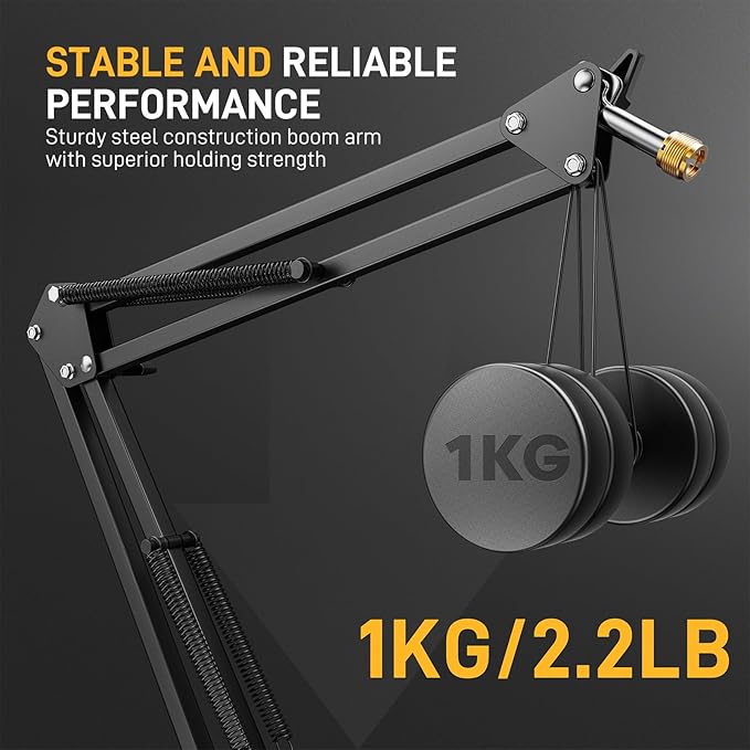 MAONO Boom Arm Microphone Stand: Adjustable Metal Suspension Mic Boom Arm for Podcast Gaming Streaming Recording,with Desk Clamp and 3/8" to 5/8" Screw Adapter-Max Load 1KG BA20 Black