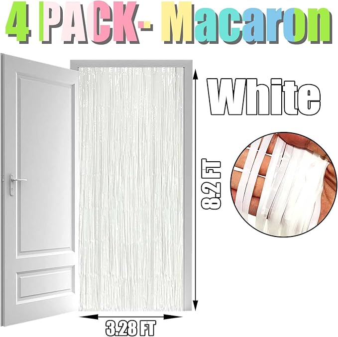 4 Pack Macaron White Foil Fringe Curtain Backdrop, 3.28Ft x 8.2Ft Foil Fringe Streamers Curtains for Party, Photo Booth Props, Birthday, 2022 Graduation Decor Supplies, One Size