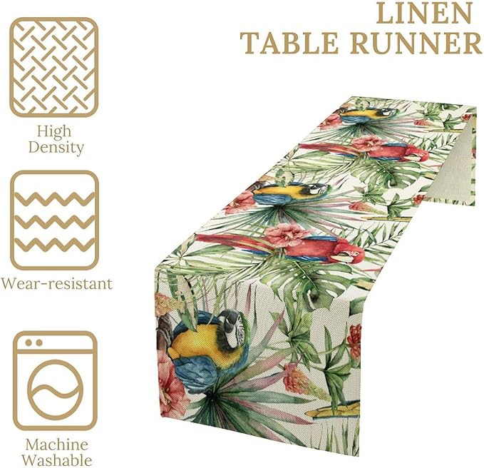 Parrot Table Runner,Tropical Palm Leaf Colorful Macaw Bird Watercolor Print Tablecloth Burlap for Hotel Indoors Outdoor Dining Room Kitchen Home Decor,W13X L36 in
