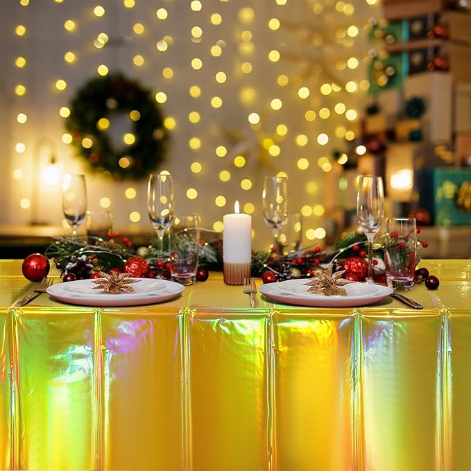 8 Pack Gold Iridescent Plastic Tablecloths Shiny Disposable Laser Rectangle Table Covers Holographic Foil Tablecloth Iridescent Party Decorations Birthday Bridal Wedding Christmas, 54 x 108 Inch