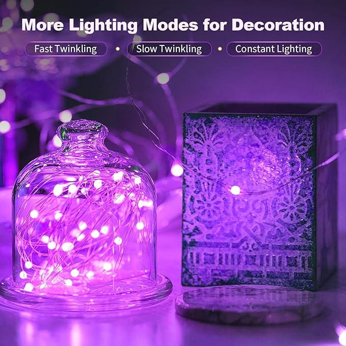 20 Pack LED Fairy Lights Battery Operated,3 Features Blinking Slowly Blinking & just on 7FT 20 LED Waterproof Mini Twinkle String Lights for Wedding Mason Jars Halloween Christmas Decorations,Purple