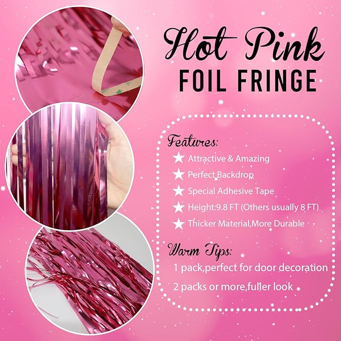 GOER 6.4 ft x 8.2 ft Metallic Tinsel Foil Fringe Curtains,Pack of 2 Party Streamer Backdrop for Galentines Day,Birthday,Graduation Decorations and New Year Eve (Hot Pink)