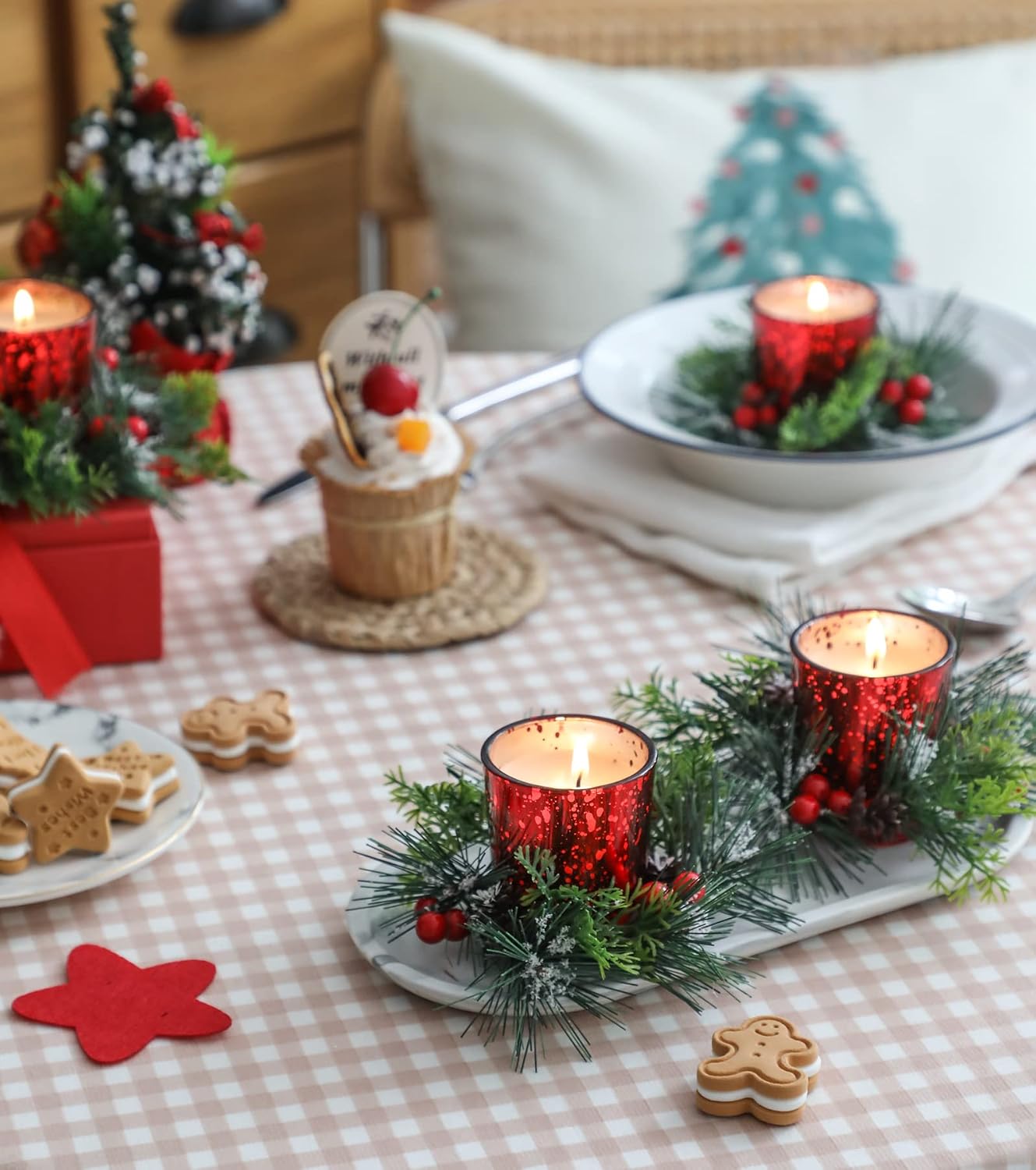 Christmas Candle Ring, 4 Pcs Votive Candle with Red Berry Pinecone, Xmas Ring Candle for Table Centerpiece Decoration Wedding Holiday,Red