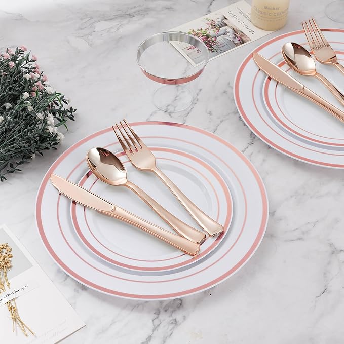 BESTVIP 300PCS Plastic Dinnerware Set (50 Guests), Rose Gold Disposable Plates for Party, Wedding, Christmas, Anniversary, Includes: Dinner Plates, Dessert Plates, Cups, Spoons, Forks and Knives