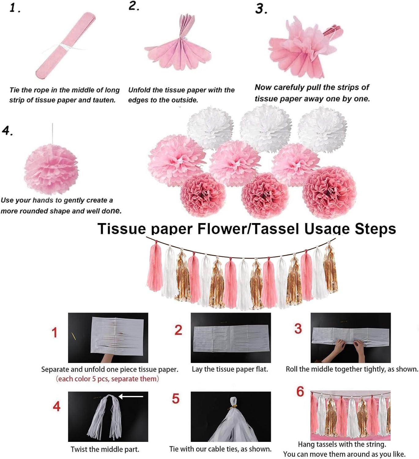 OuMuaMua Pink Rose Gold Birthday Party Decorations Set, Rose Gold Glittery Happy Birthday banner, Tissue Paper Pom, Circle Dots Garland and Tassel Garland for BDAY Party Decorations