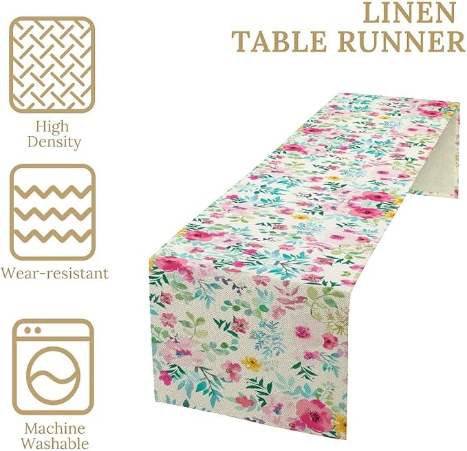 Watercolor Floral Table Runner, Colorful Botanical Spring Summer Nature Flower Aesthetic Table Runner for Kitchen Dinning Table Runner Decor Home Wedding Party Holiday, 13x120 Inch