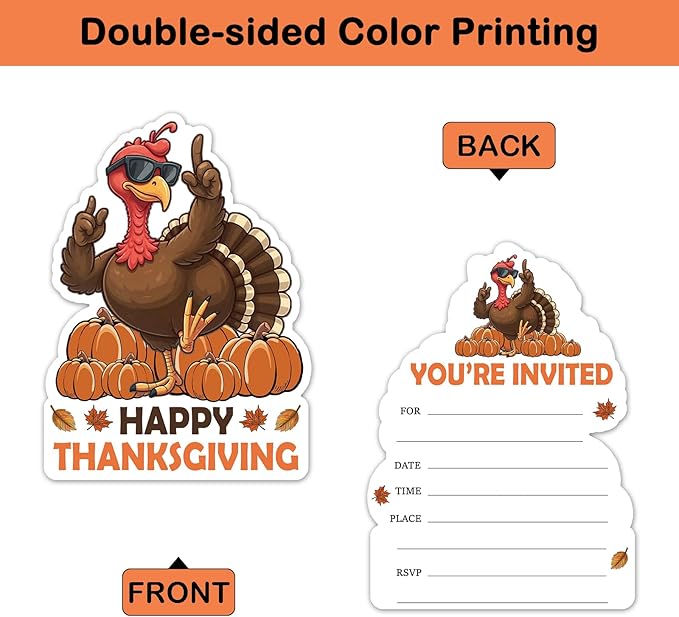 REWIDPARTY 15 Sets Thanksgiving Party Invitations with Envelopes Stickers, Pumpkin Turkey Shaped Fill-in Invitation Cards, Thanksgiving Dinner Invites, Funny Fall Party Supplies for Family Friend