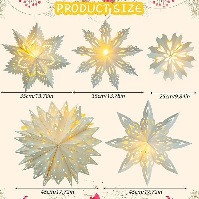 5 Pack Christmas Paper Snowflake Lanterns, Christmas Paper Star Lantern with LED Light White Hanging Lamp Ornaments for Xmas Tree New Year Winter Frozen Weddings Birthday Holiday Party Decorations